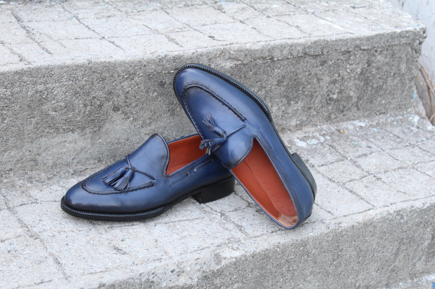Handmade Men's Leather Blue Slip On Moccasin Shoes