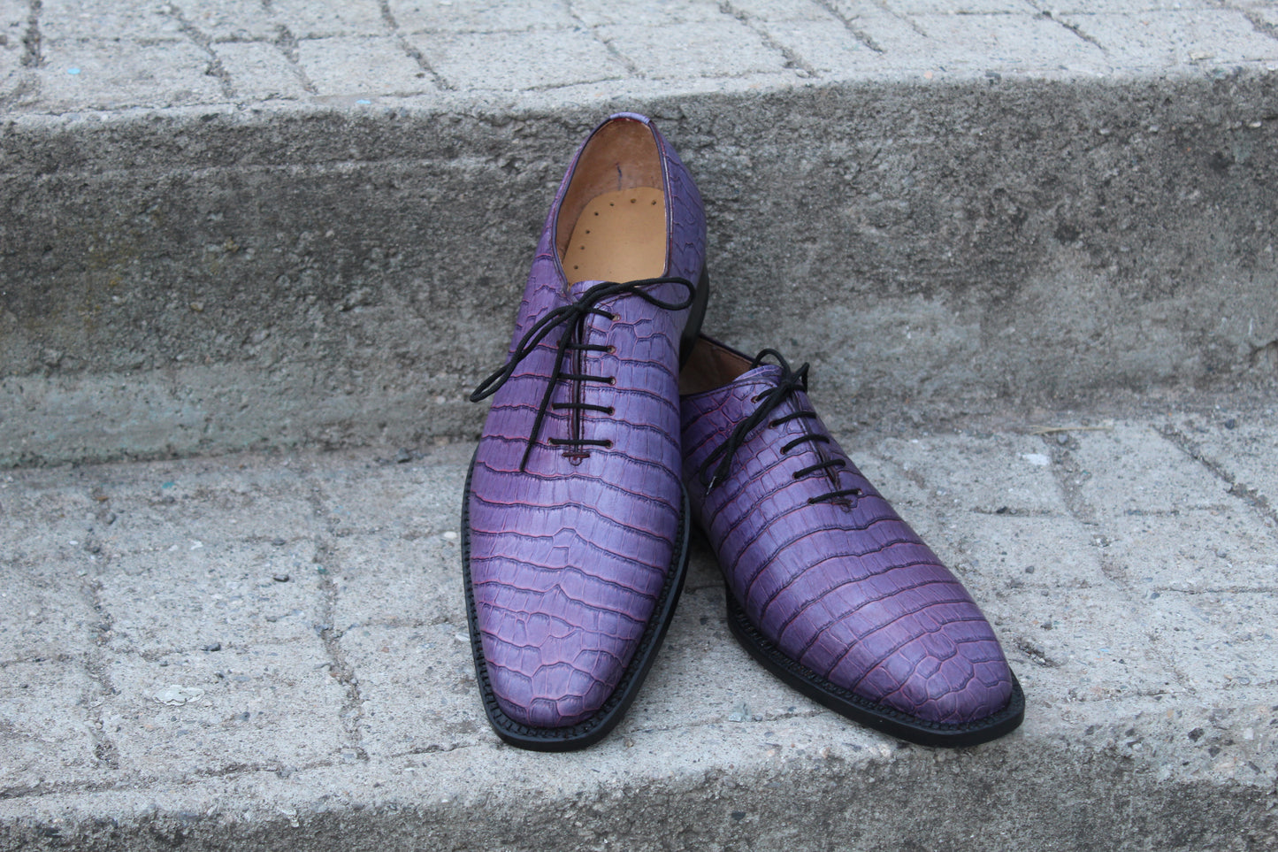 Handmade Men's Purple Crocodile Texture Leather Lace Oxford Shoes