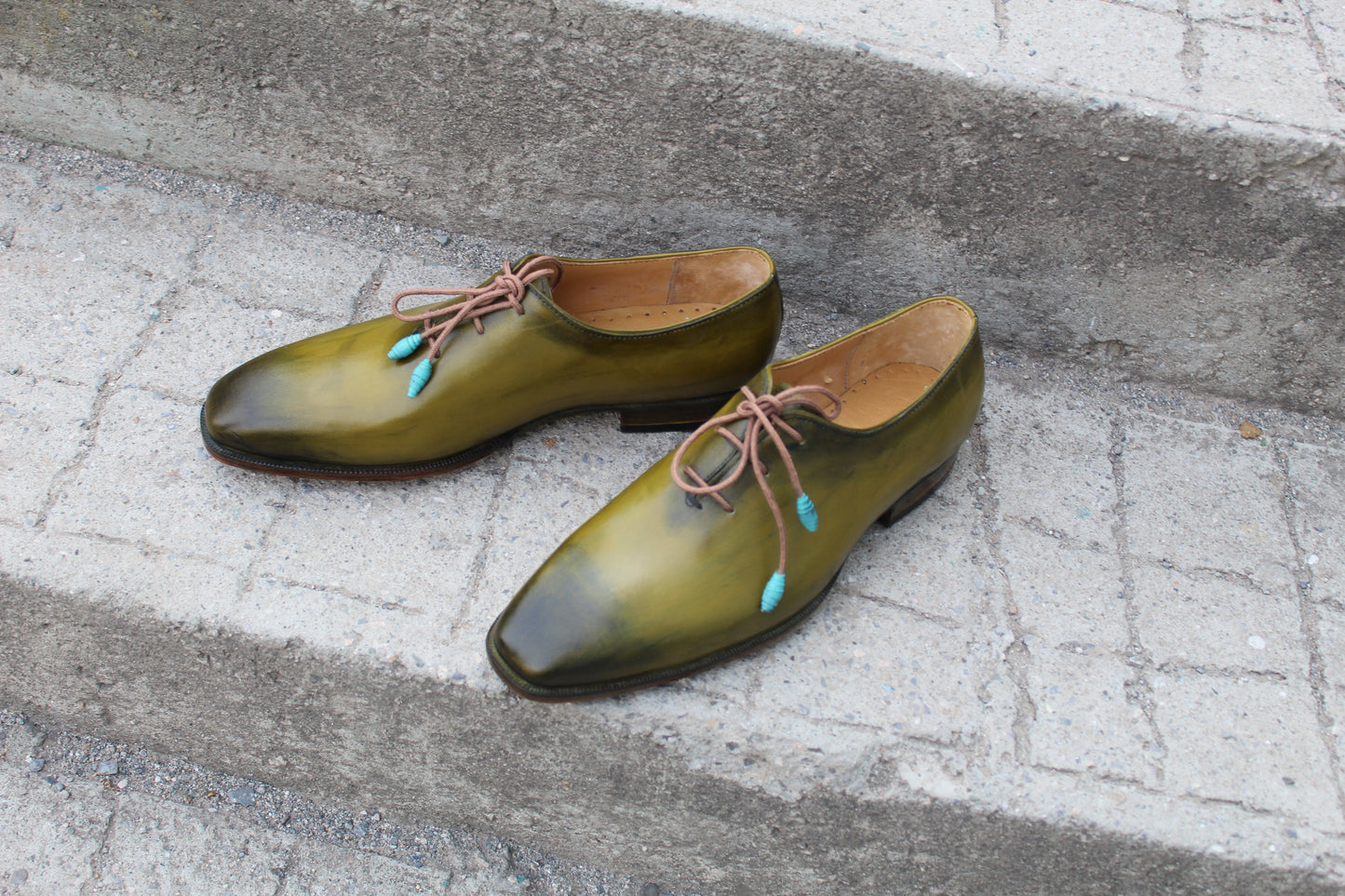 Handmade Men's Olive Green Leather Lace Up Plain Oxford Shoes