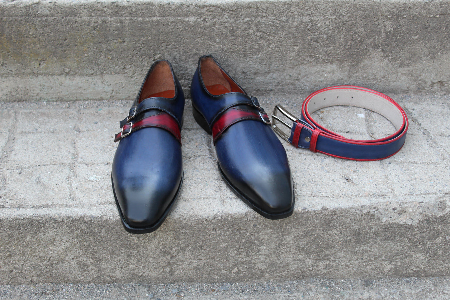 Handmade Men's Two Tone Double Buckle Monk Strap Shoes