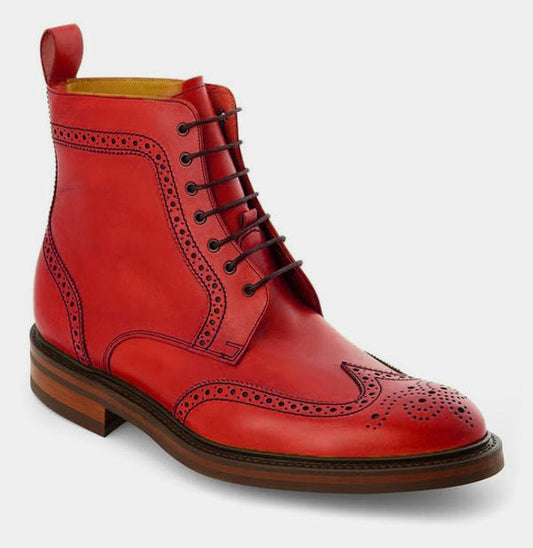 Handmade Men's Leather Orange Lace-Up Wingtip Ankle High Boot