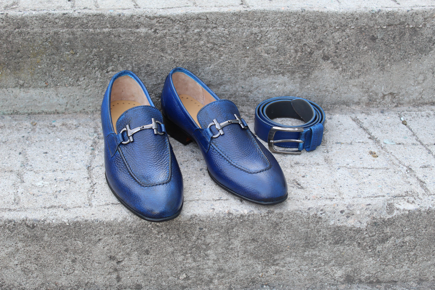 Handmade Men's Blue Leather Moccasin Shoes