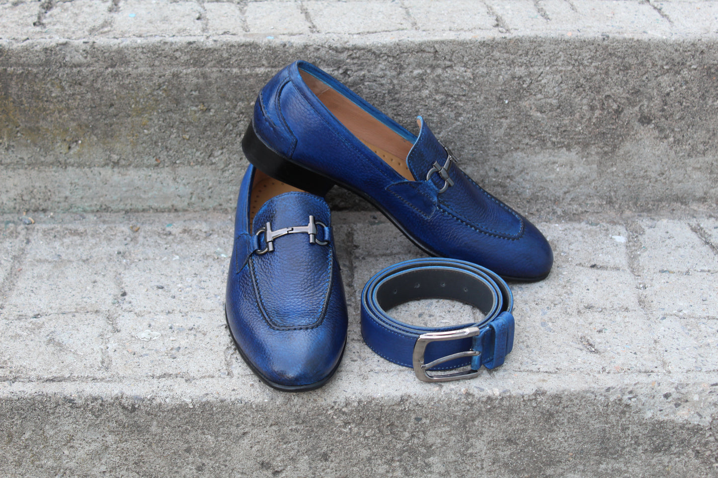 Handmade Men's Blue Leather Moccasin Shoes