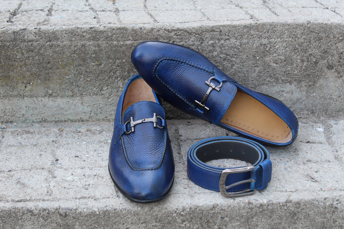 Handmade Men's Blue Leather Moccasin Shoes