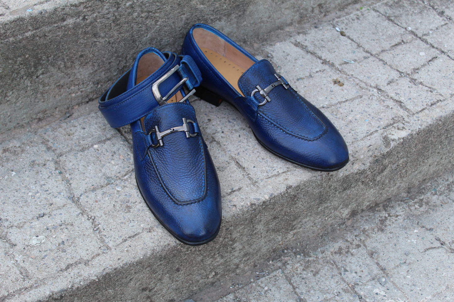 Handmade Men's Blue Leather Moccasin Shoes