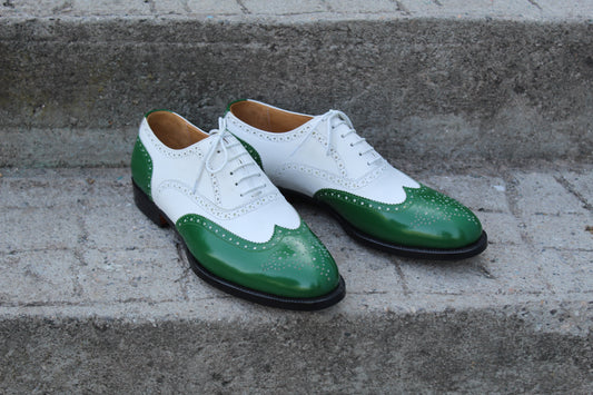 Handmade Men's Leather Two Tone White Green Wingtip Brogue Shoes