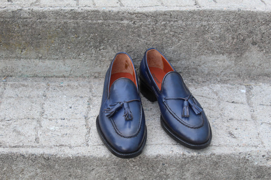 Handmade Men's Leather Blue Slip On Moccasin Shoes