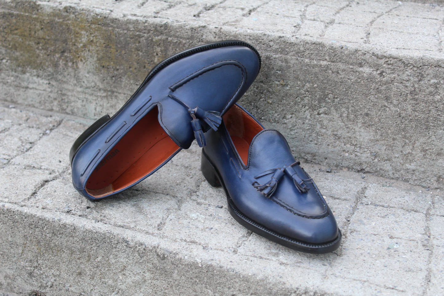 Handmade Men's Leather Blue Slip On Moccasin Shoes