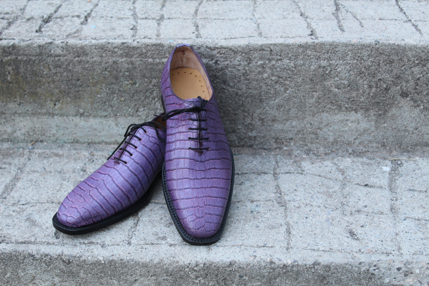 Handmade Men's Purple Crocodile Texture Leather Lace Oxford Shoes