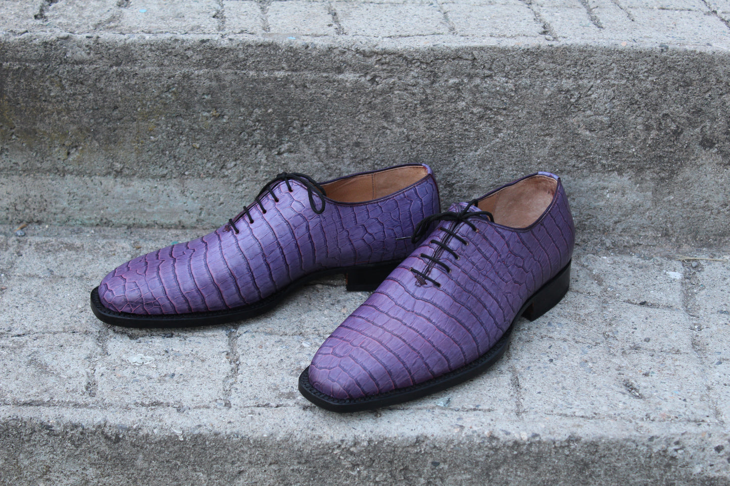 Handmade Men's Purple Crocodile Texture Leather Lace Oxford Shoes