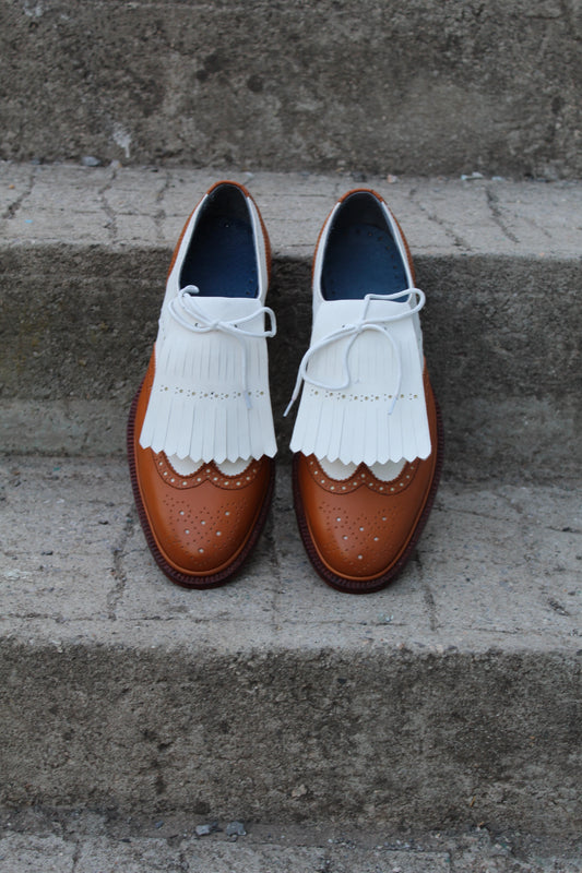 Handmade Men's Leather Two Tone White Brown Wingtip Fringe Brogue Shoes