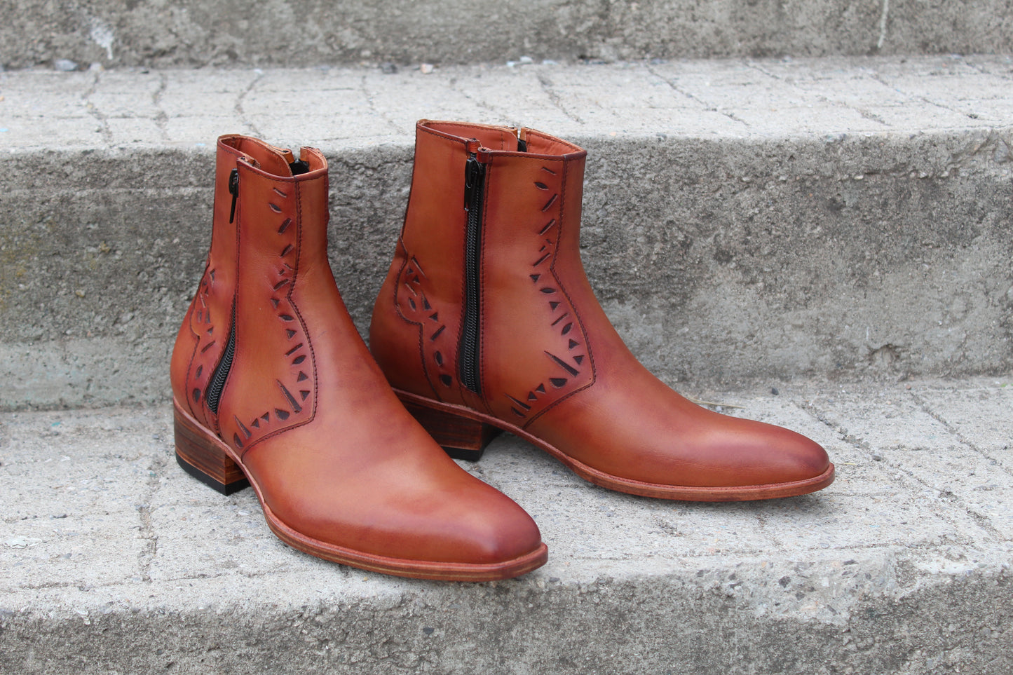 Handmade Men's Leather Tan Punching Design Side Zipper Ankle Boot