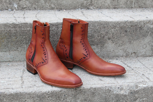 Handmade Men's Leather Tan Punching Design Side Zipper Ankle Boot