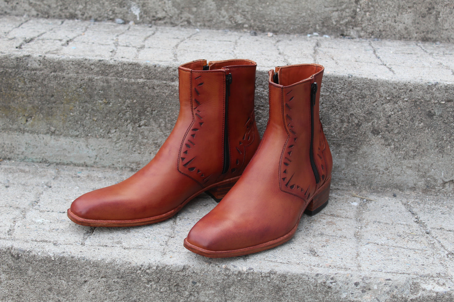 Handmade Men's Leather Tan Punching Design Side Zipper Ankle Boot