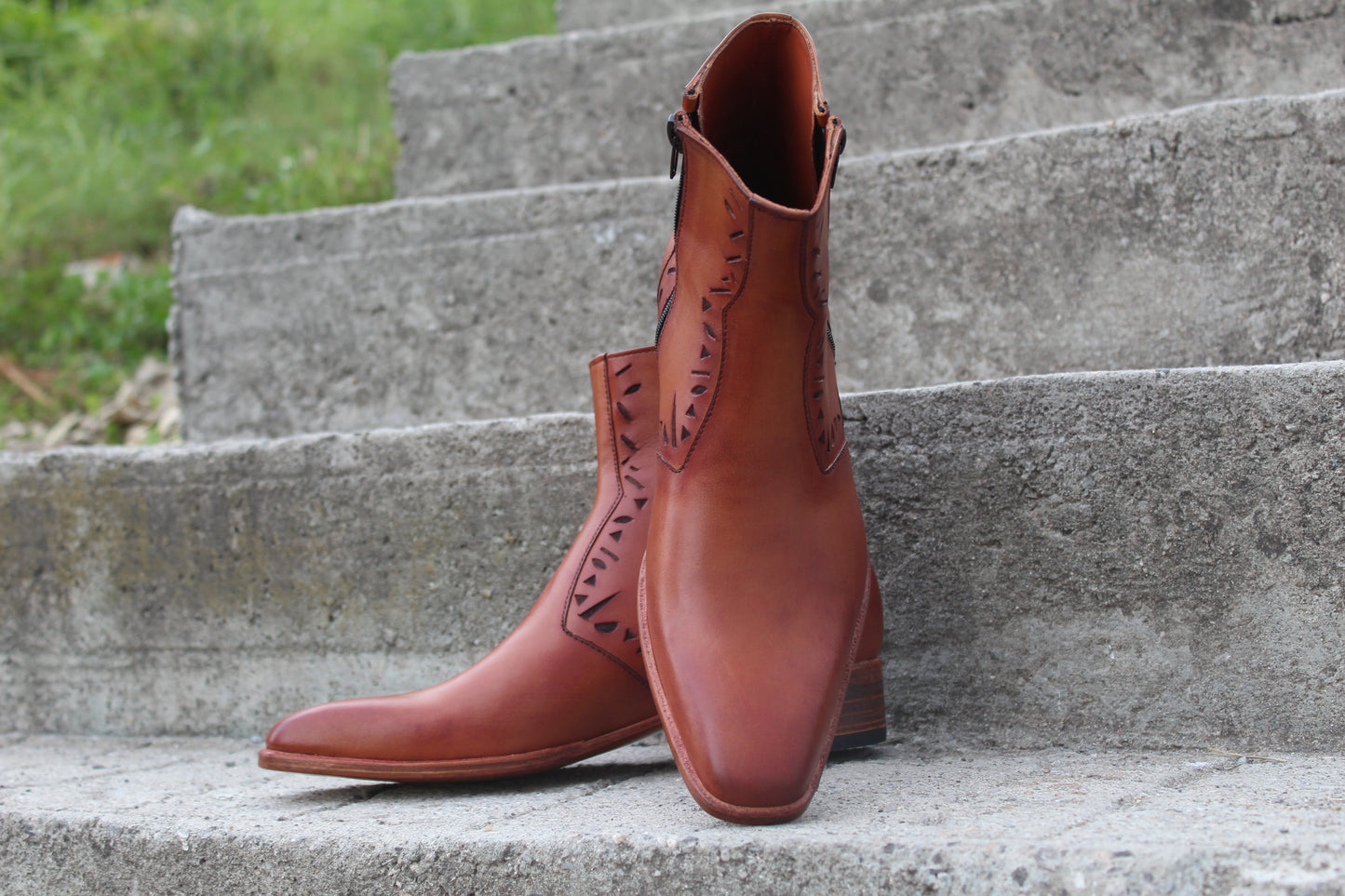 Handmade Men's Leather Tan Punching Design Side Zipper Ankle Boot
