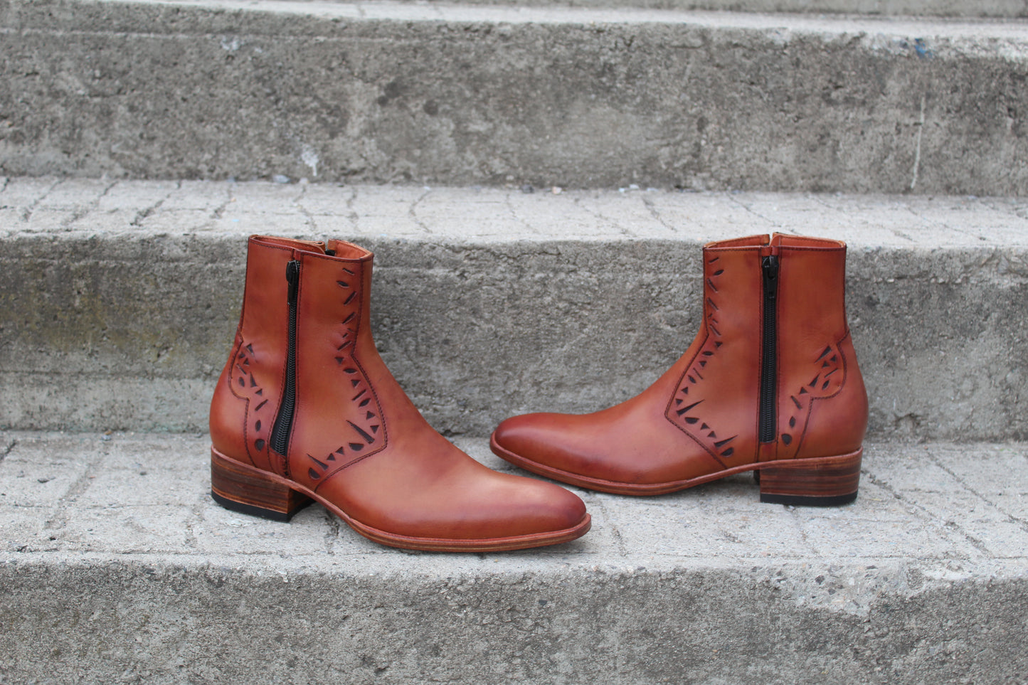 Handmade Men's Leather Tan Punching Design Side Zipper Ankle Boot