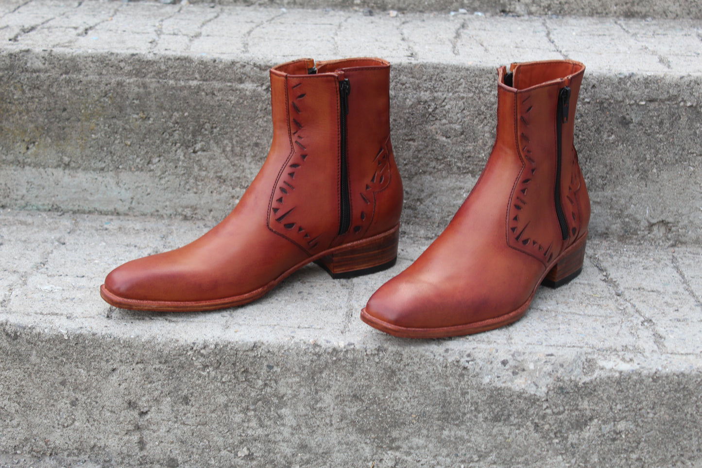 Handmade Men's Leather Tan Punching Design Side Zipper Ankle Boot