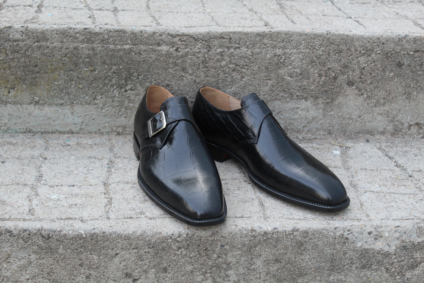 Handmade Men's Leather Black Monk Strap Shoes