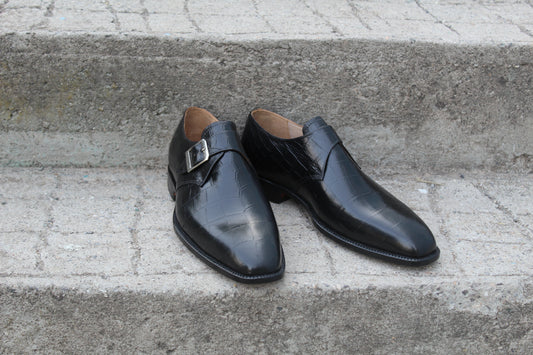 Handmade Men's Leather Black Monk Strap Shoes