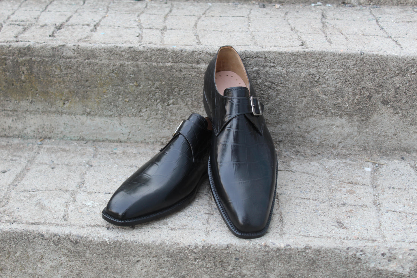 Handmade Men's Leather Black Monk Strap Shoes