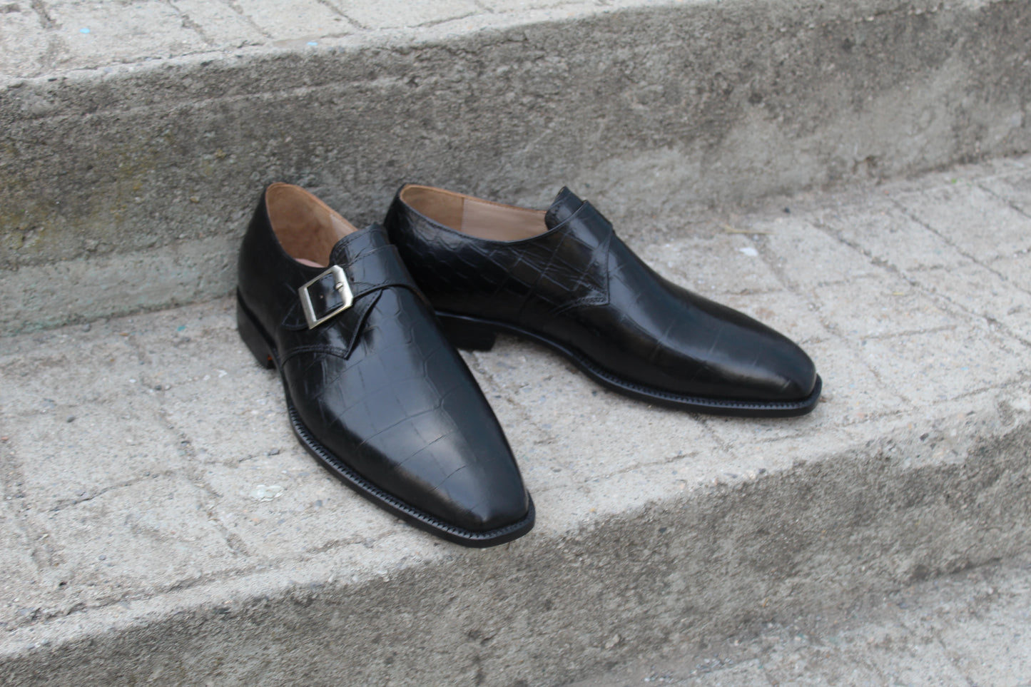 Handmade Men's Leather Black Monk Strap Shoes