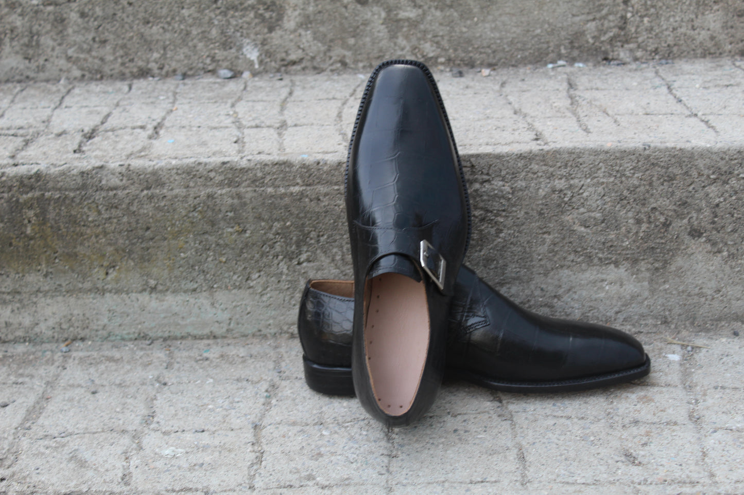 Handmade Men's Leather Black Monk Strap Shoes