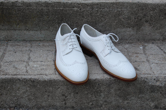 Handmade Men's Leather White Wingtip Derby Brogue Shoes