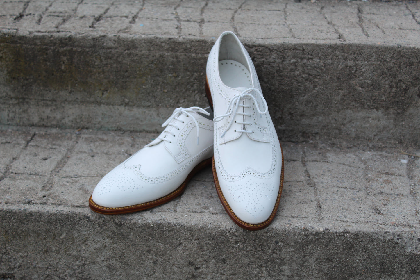 Handmade Men's Leather White Wingtip Derby Brogue Shoes