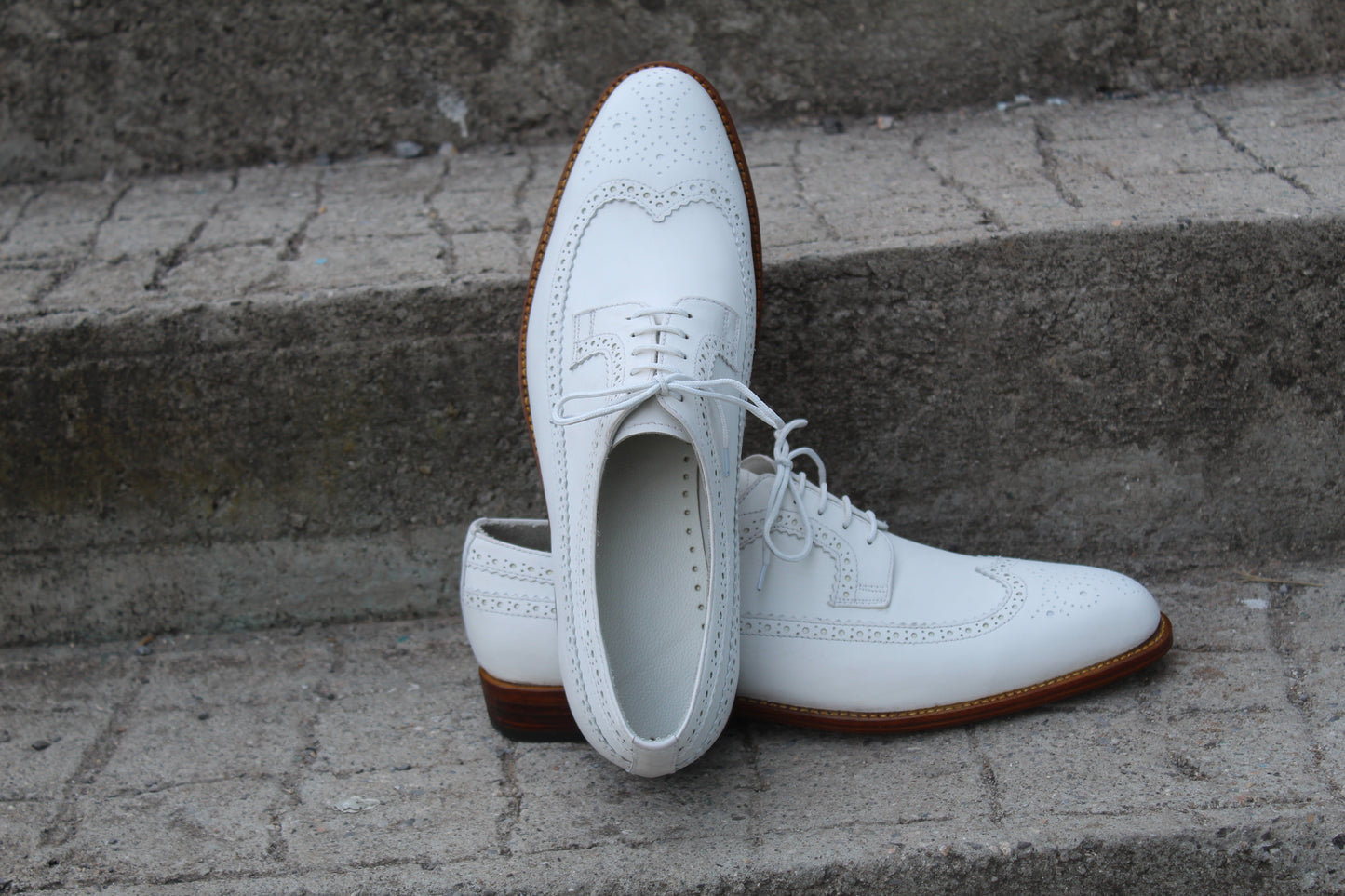 Handmade Men's Leather White Wingtip Derby Brogue Shoes