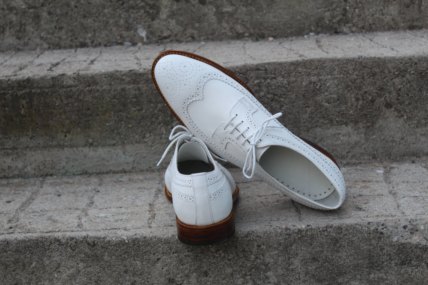 Handmade Men's Leather White Wingtip Derby Brogue Shoes