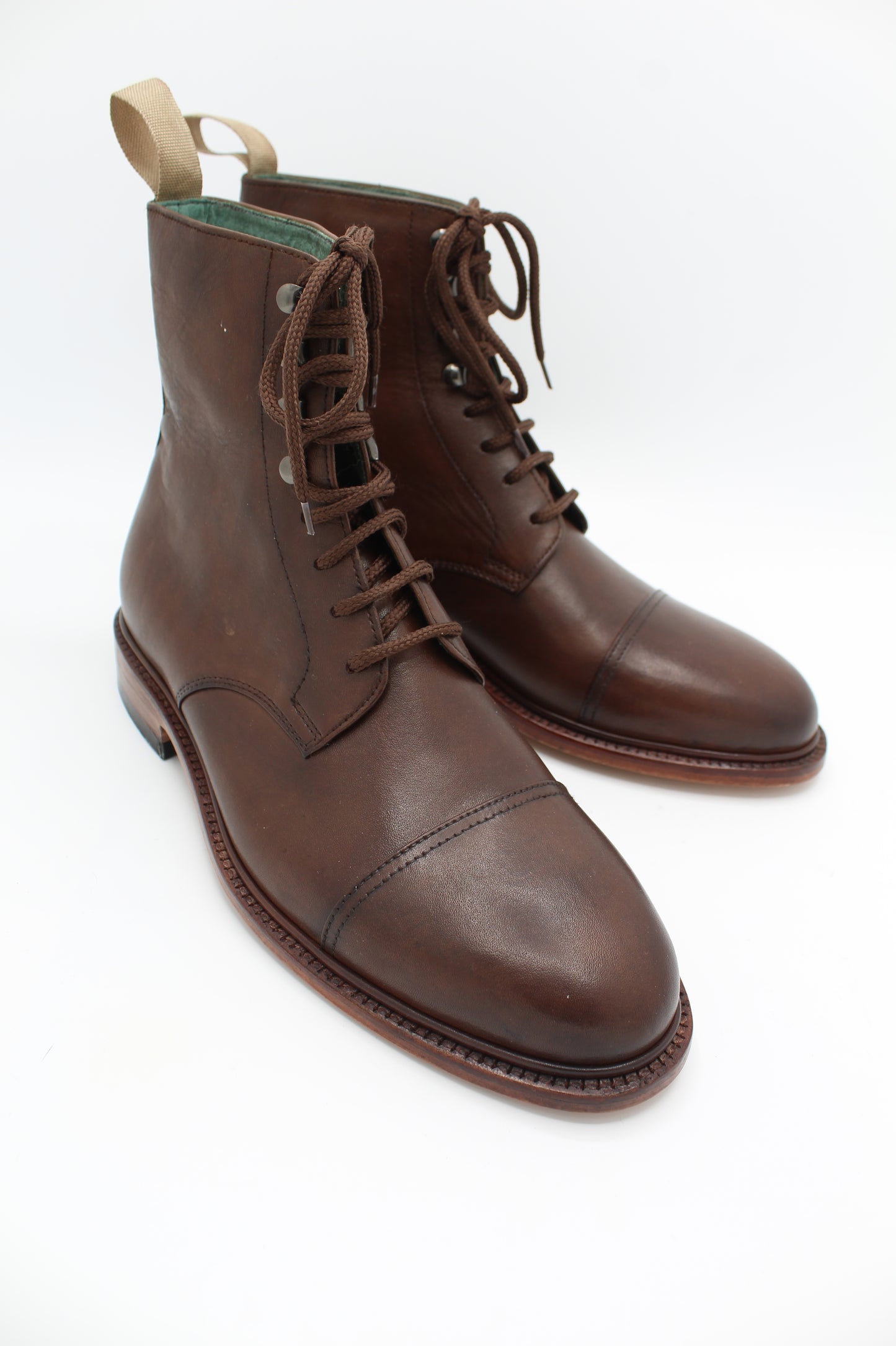 Handmade Men's Leather Brown Leather Lace-Up Cap Toe Ankle High Boot