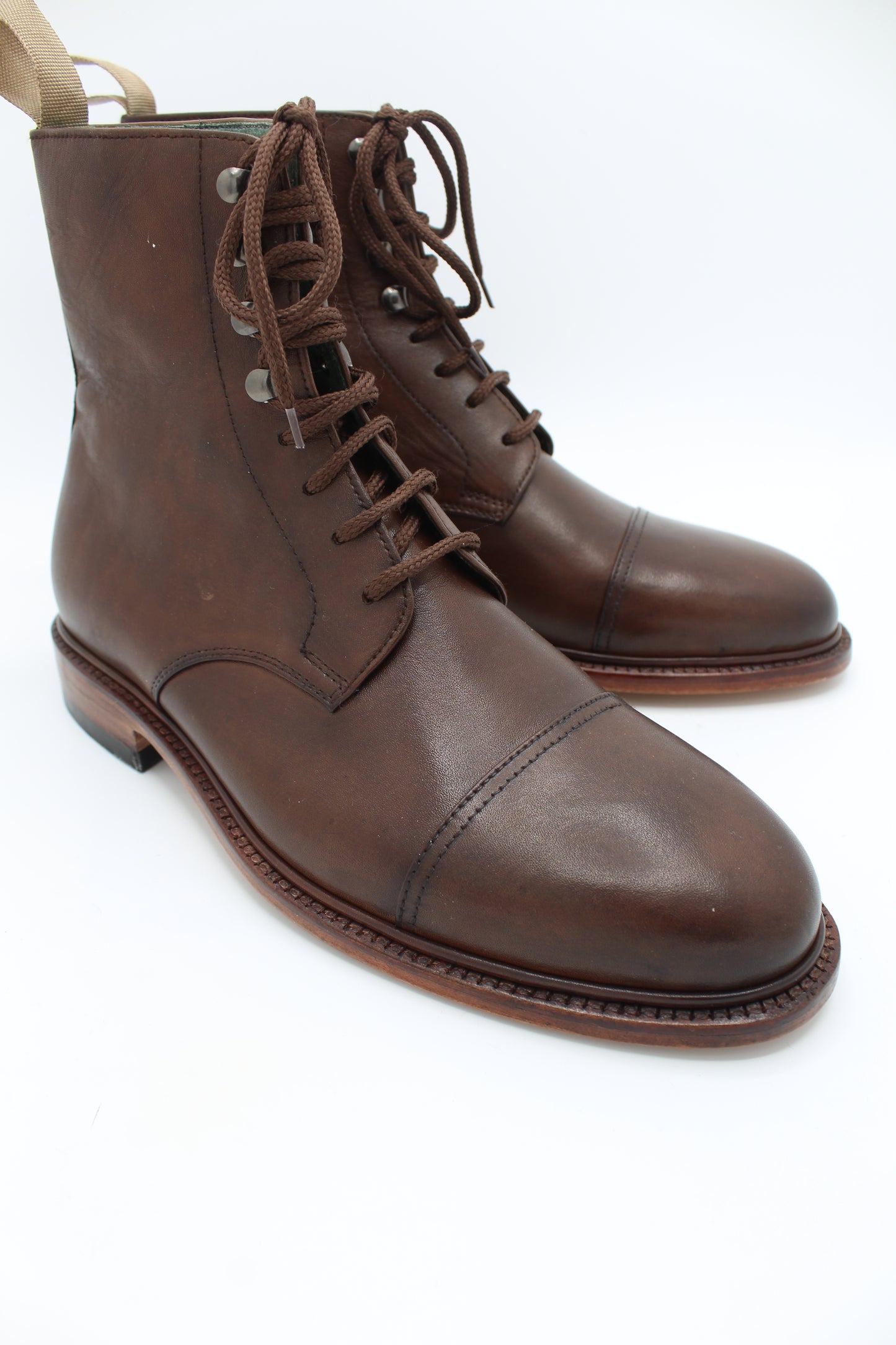 Handmade Men's Leather Brown Leather Lace-Up Cap Toe Ankle High Boot