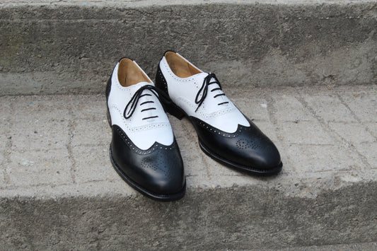 Handmade Men's Leather Two Tone White Black Lace Up Wingtip Brogue Shoes