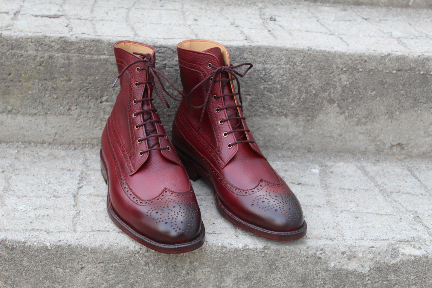 Handmade Men's Leather Burgundy Lace-Up Wingtip Ankle High Boot