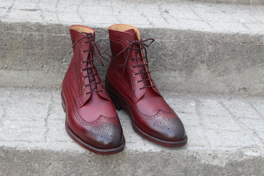 Handmade Men's Leather Burgundy Lace-Up Wingtip Ankle High Boot