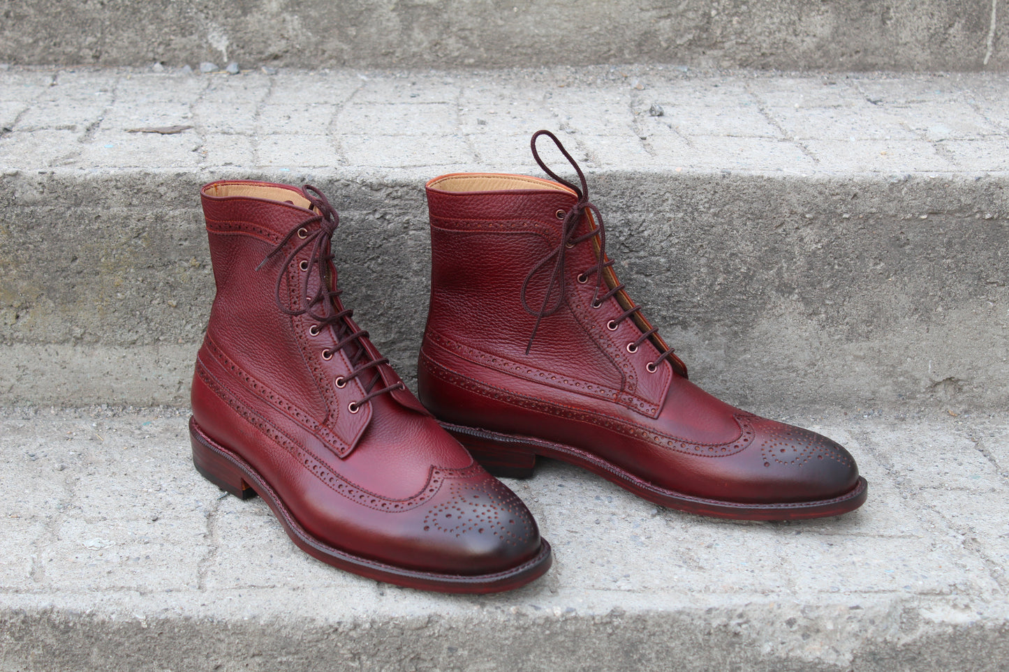 Handmade Men's Leather Burgundy Lace-Up Wingtip Ankle High Boot