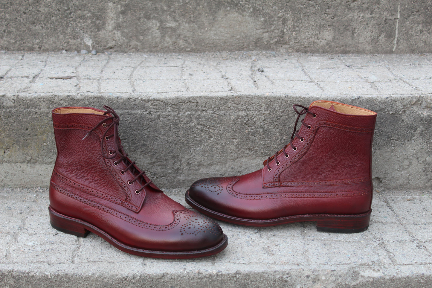 Handmade Men's Leather Burgundy Lace-Up Wingtip Ankle High Boot