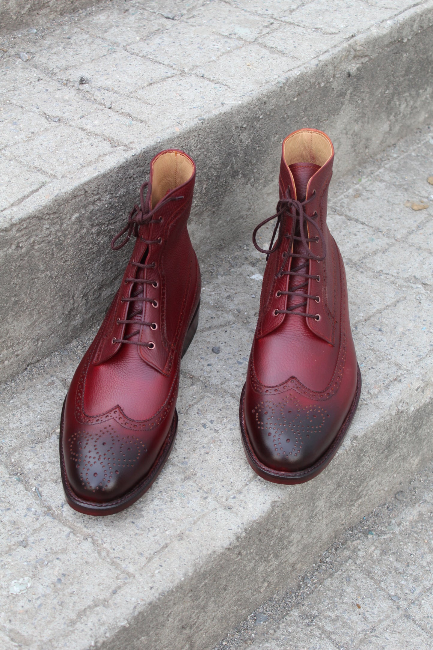 Handmade Men's Leather Burgundy Lace-Up Wingtip Ankle High Boot