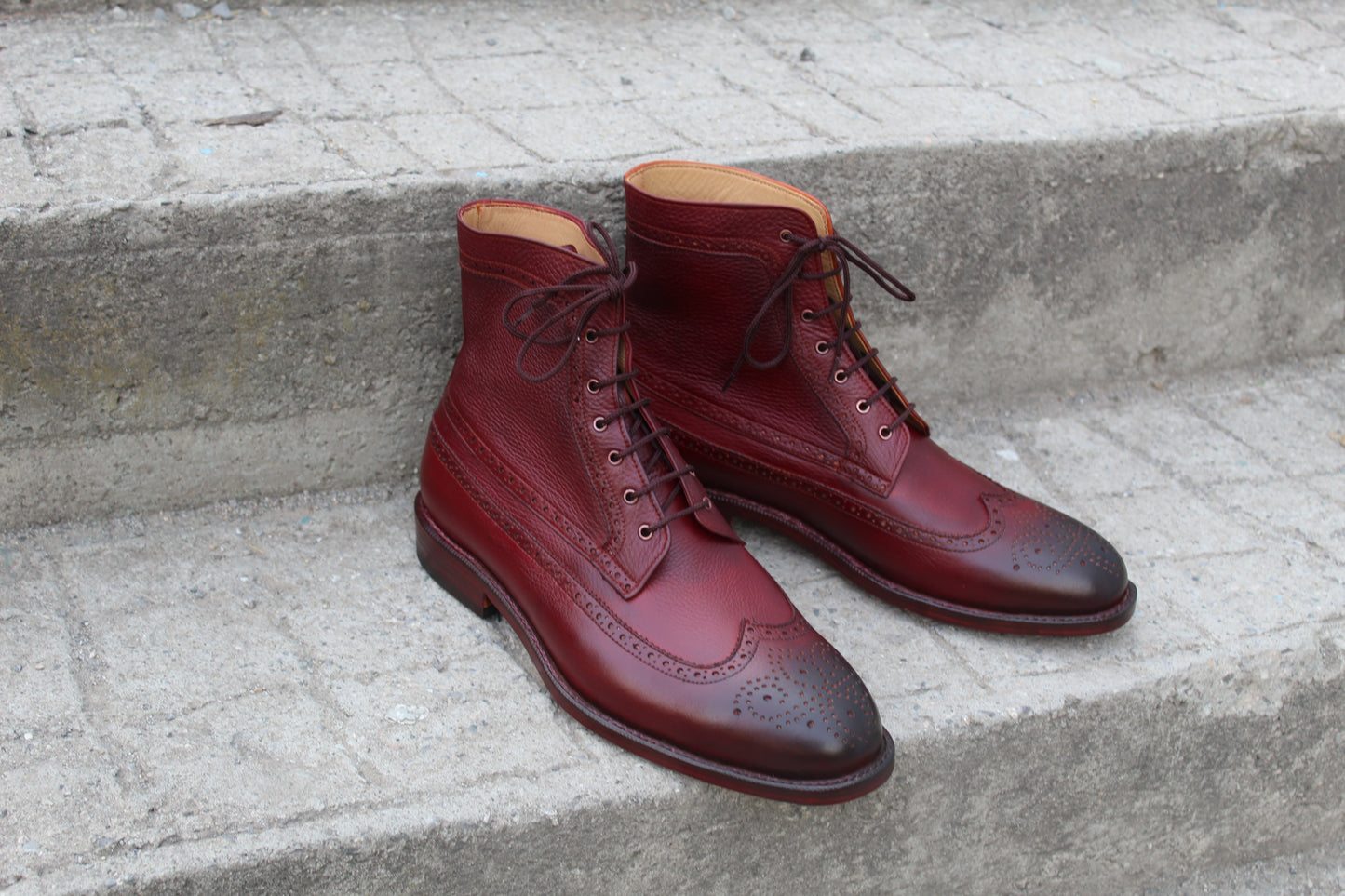 Handmade Men's Leather Burgundy Lace-Up Wingtip Ankle High Boot