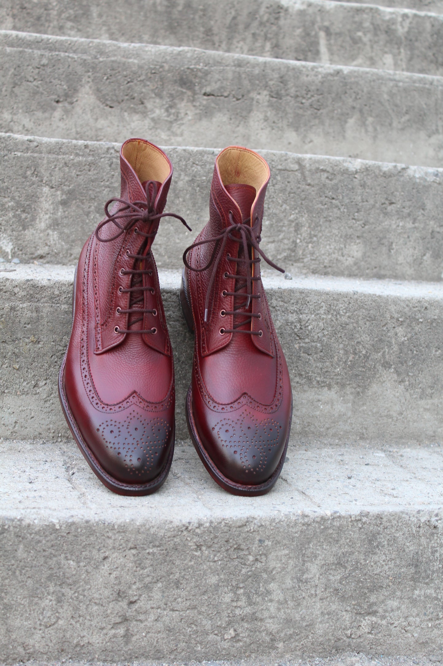 Handmade Men's Leather Burgundy Lace-Up Wingtip Ankle High Boot