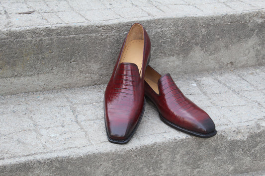 Handmade Men's Maroon Crocodile Texture Leather Slip On Moccasin Shoes