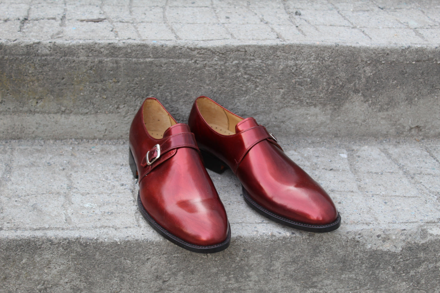 Handmade Men's Red Calf Maroon Leather Monk Strap Shoes