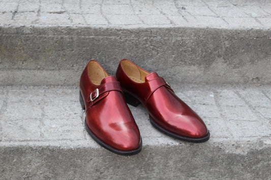 Handmade Men's Red Calf Maroon Leather Monk Strap Shoes