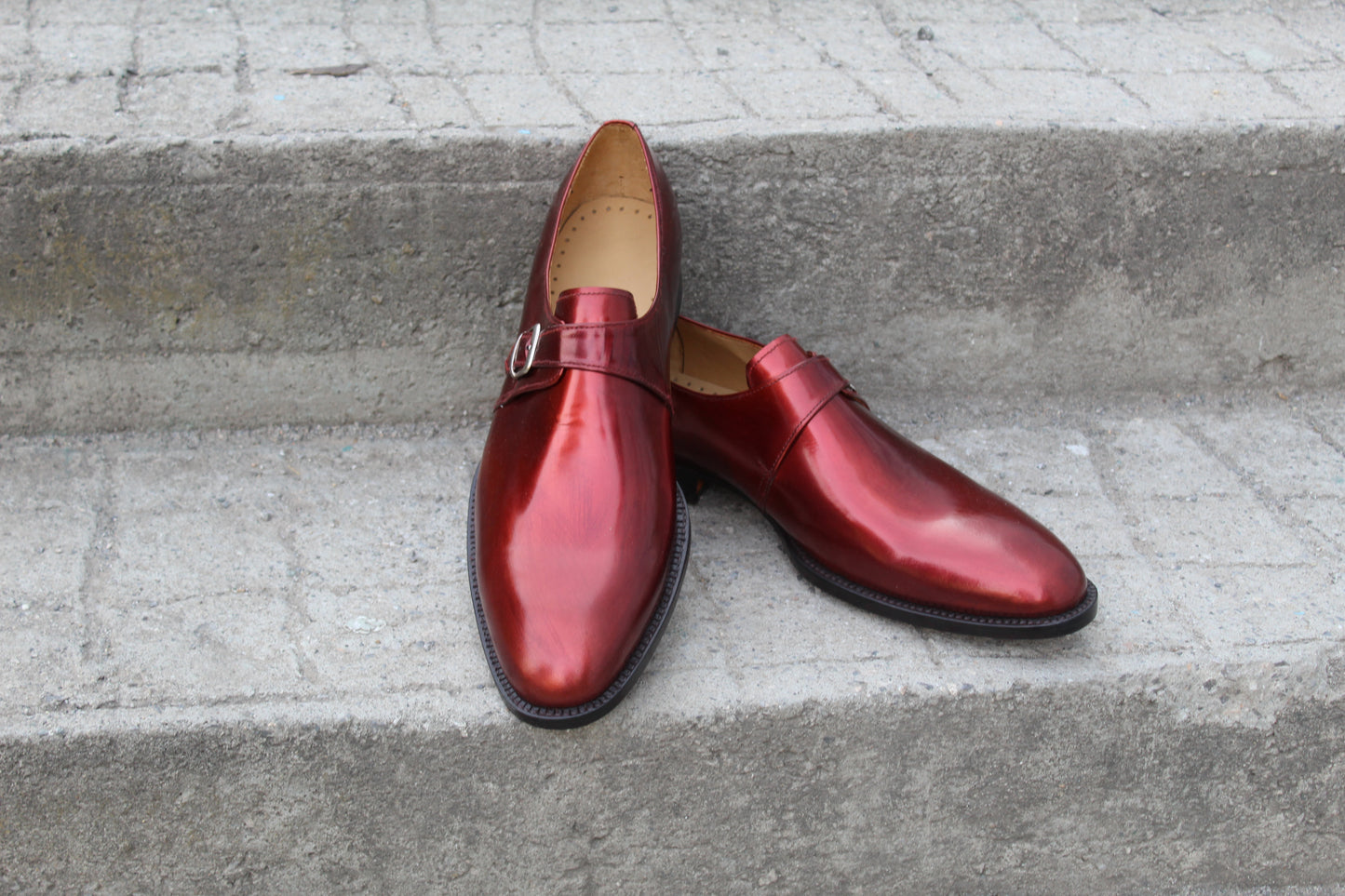 Handmade Men's Red Calf Maroon Leather Monk Strap Shoes