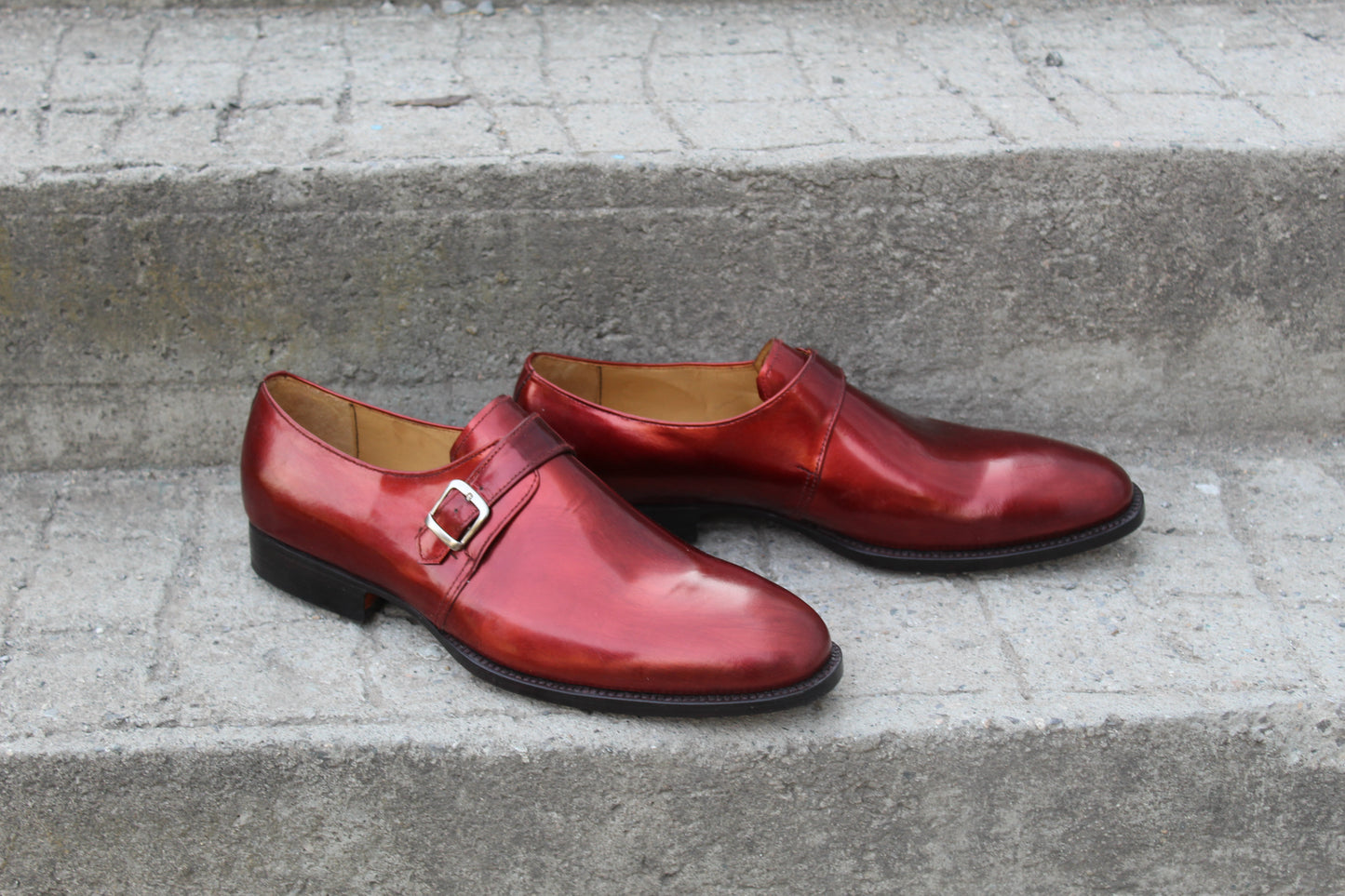 Handmade Men's Red Calf Maroon Leather Monk Strap Shoes