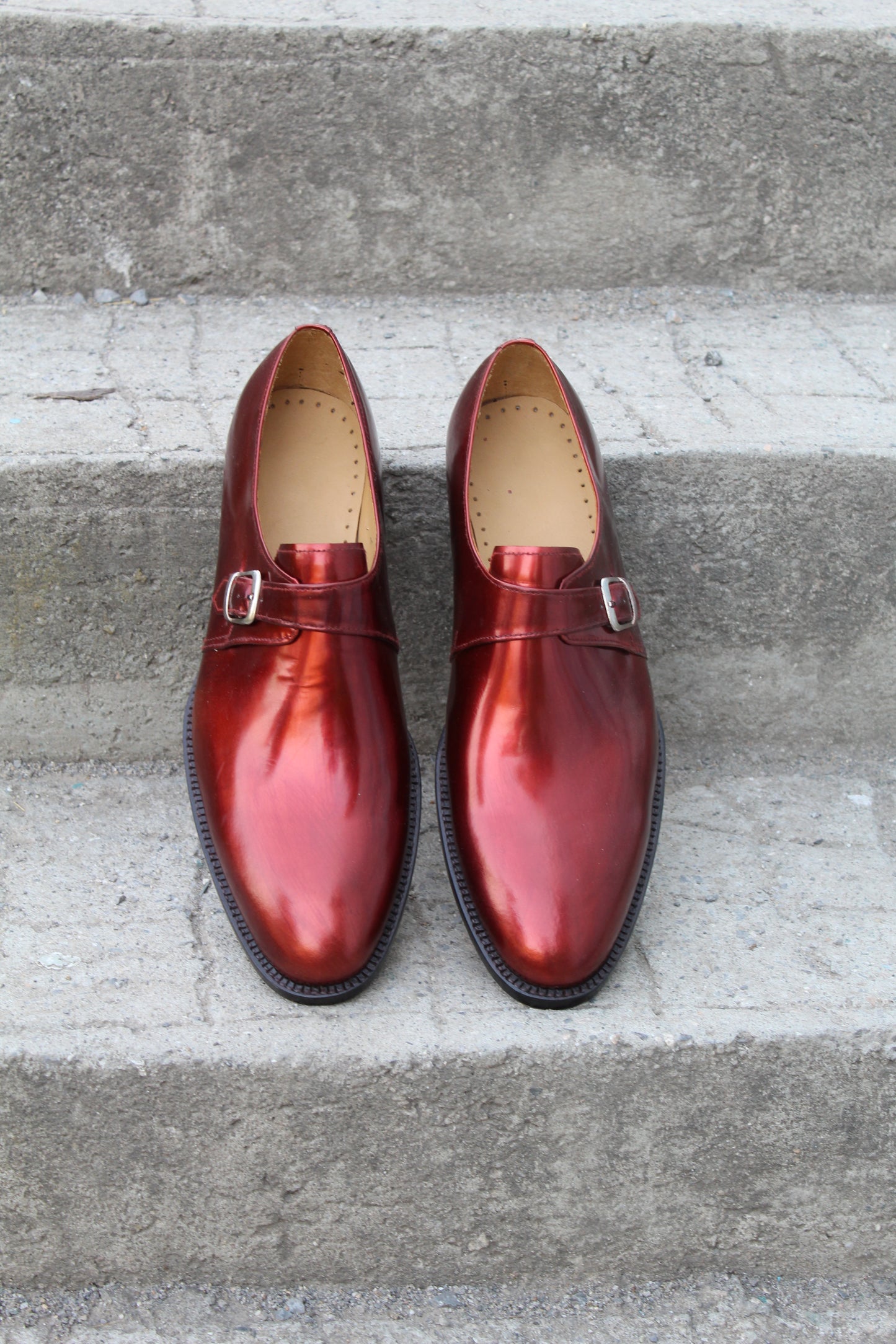 Handmade Men's Red Calf Maroon Leather Monk Strap Shoes