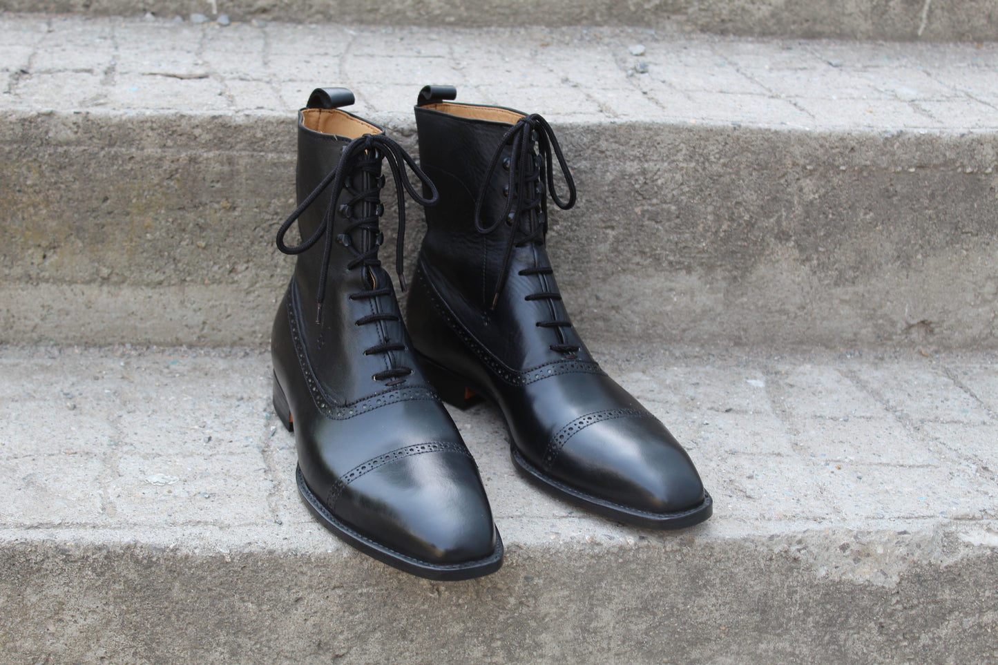 Handmade Men's Leather Black Lace-Up Cap Toe Ankle High Boot
