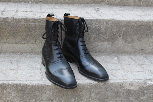 Handmade Men's Leather Black Lace-Up Cap Toe Ankle High Boot