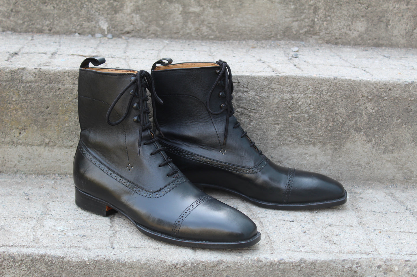 Handmade Men's Leather Black Lace-Up Cap Toe Ankle High Boot