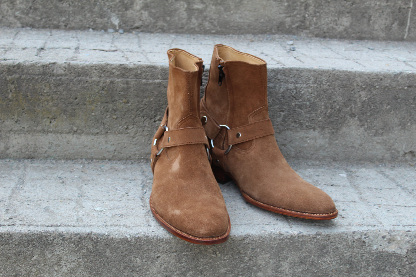 Handmade Men's Leather Beige Suede Ring Strap Side Zipper Jodhpur Boot